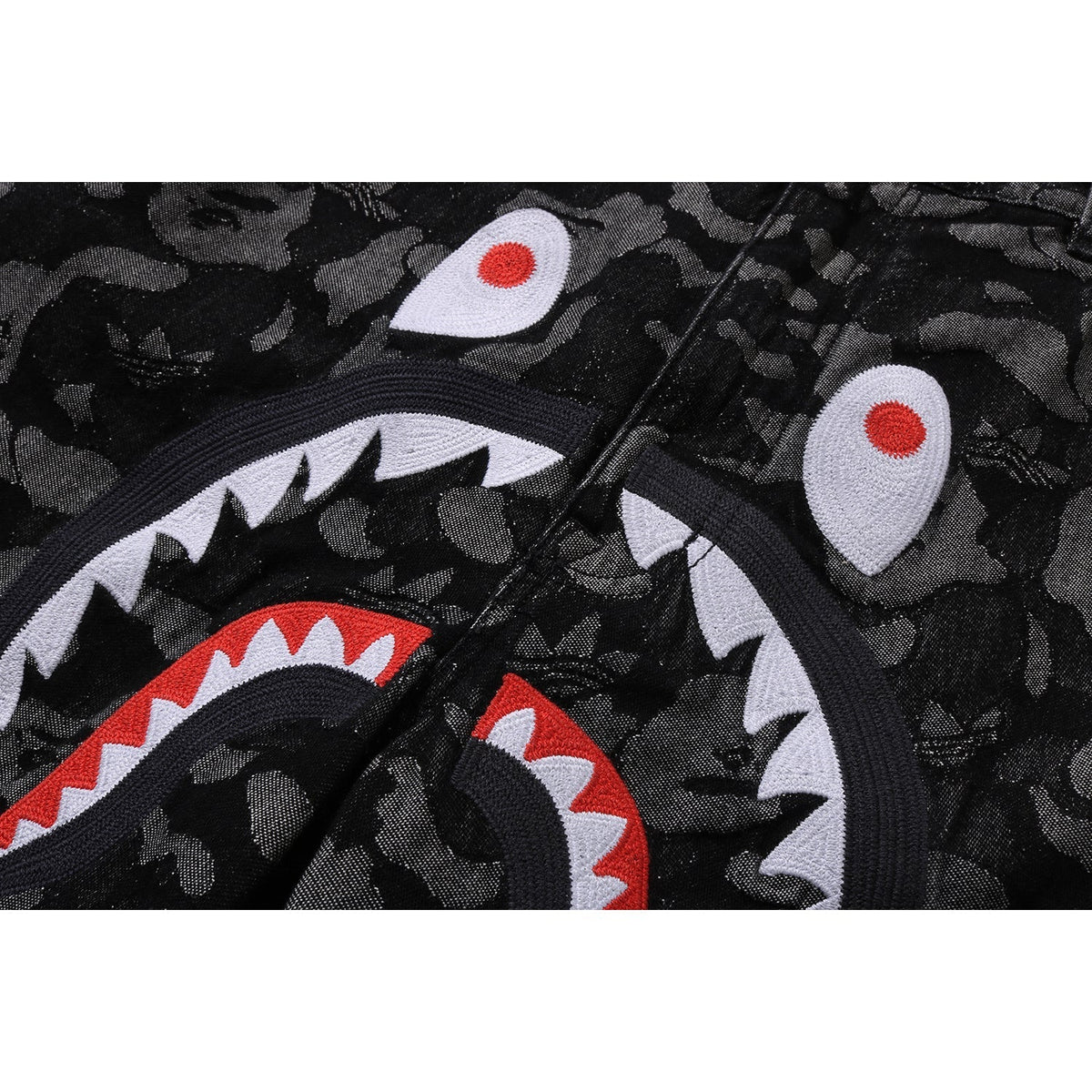 BAPE X ADIDAS CAMO JACQUARD SHARK DENIM JORTS MENS