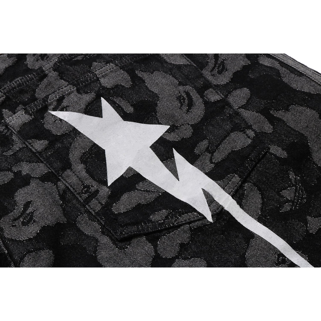 BAPE X ADIDAS CAMO JACQUARD SHARK DENIM JORTS MENS
