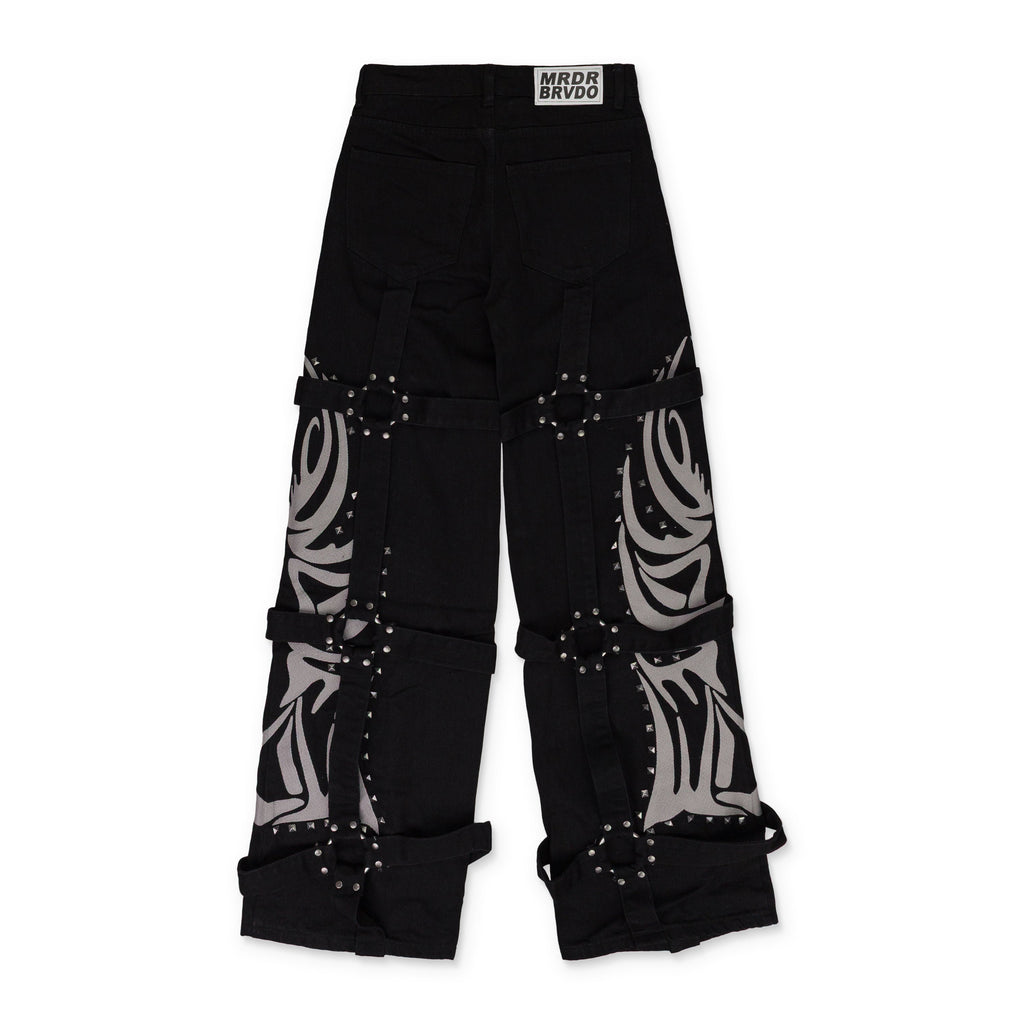BLACK WINGED LOGO BONDAGE STRAIGHT-FIT JEANS