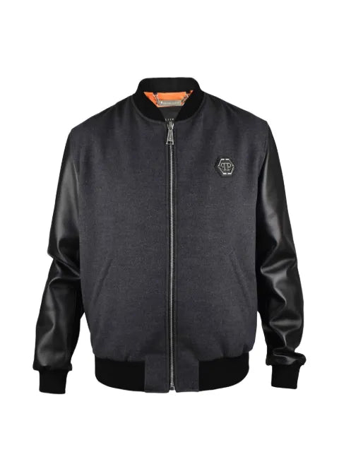 Philipp Plein leather-sleeved logo-print bomber jacket