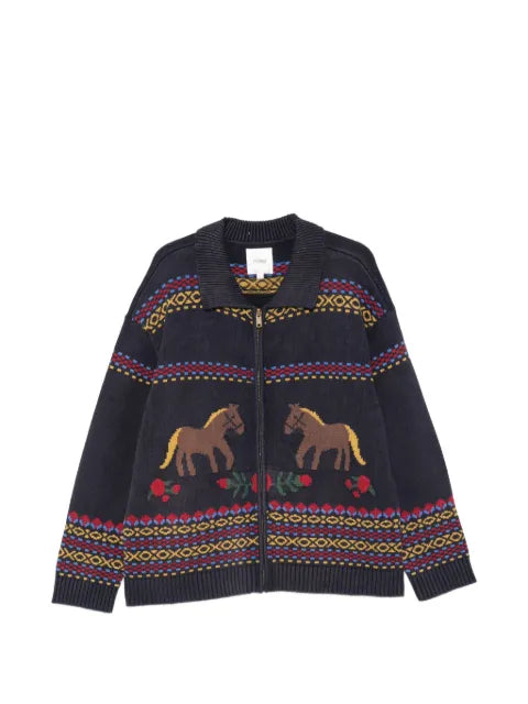 FOUND Isles horse-intarsia zip-up cardigan