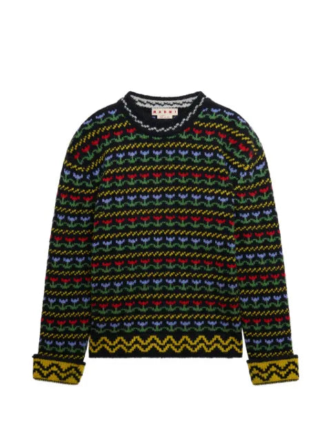 Marni black shetland wool sweater with fairisle motif
