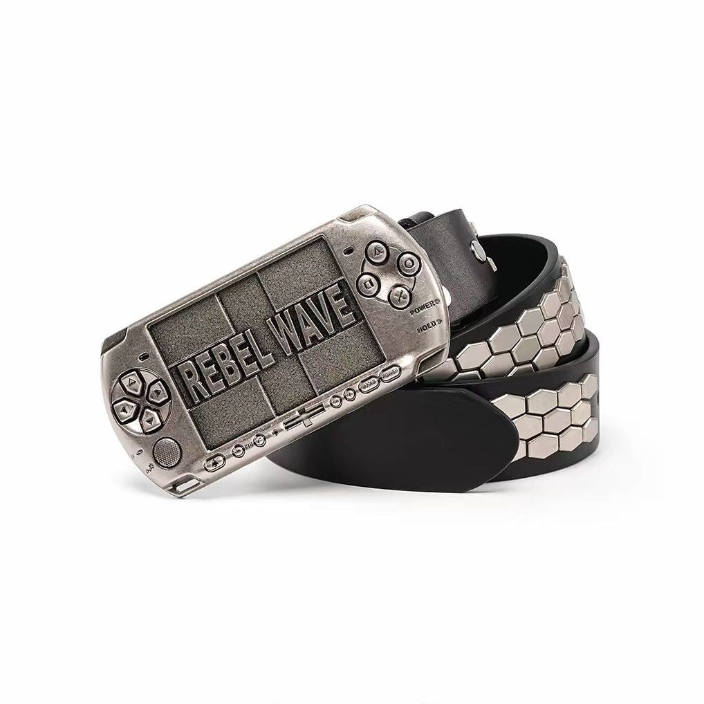 REBEL WAVE PSP Console Leather Belt Hexagon Studded Waist Belt