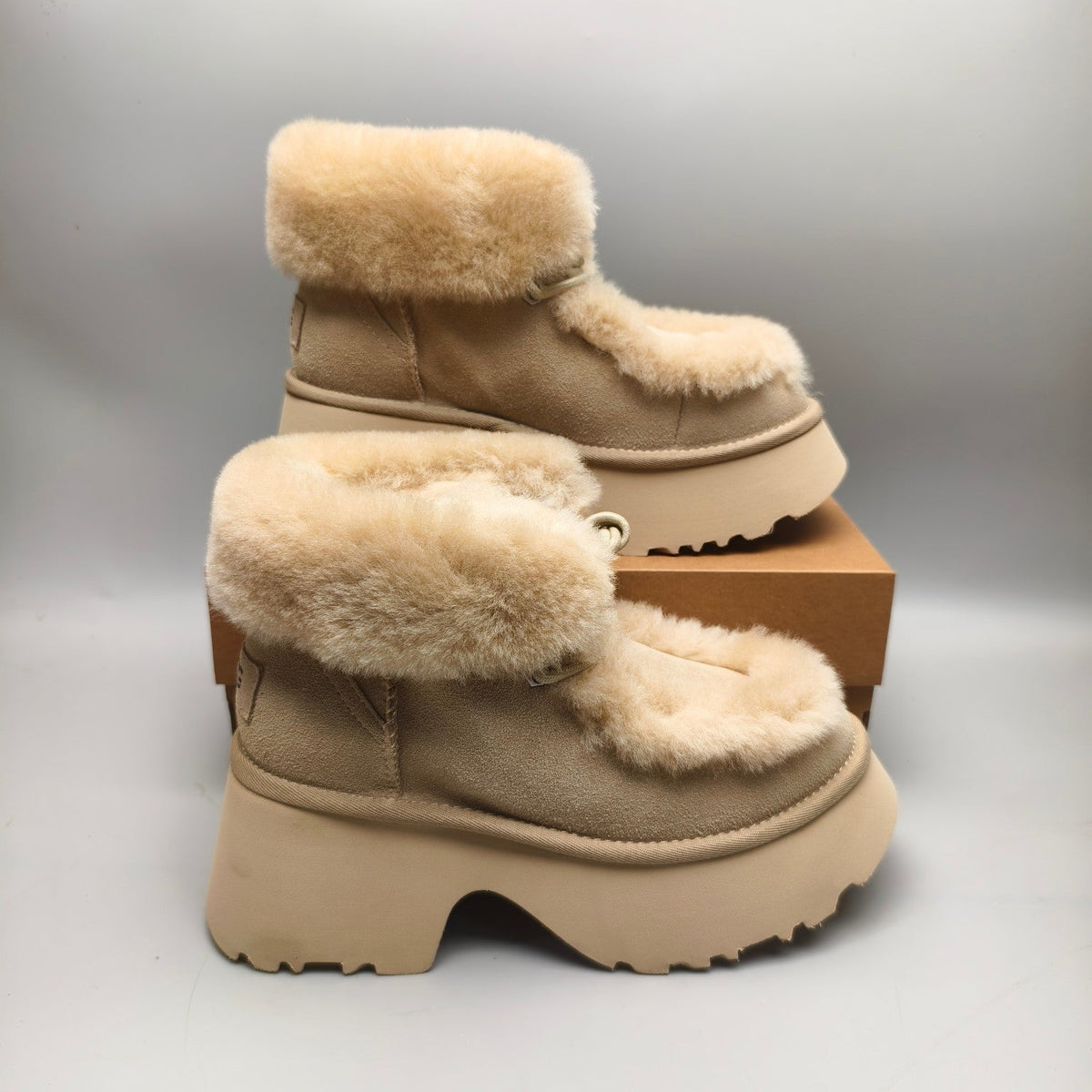 Mustard Fluffy Lace-Up Wedge Ankle Boots — New Arrival | In Stock