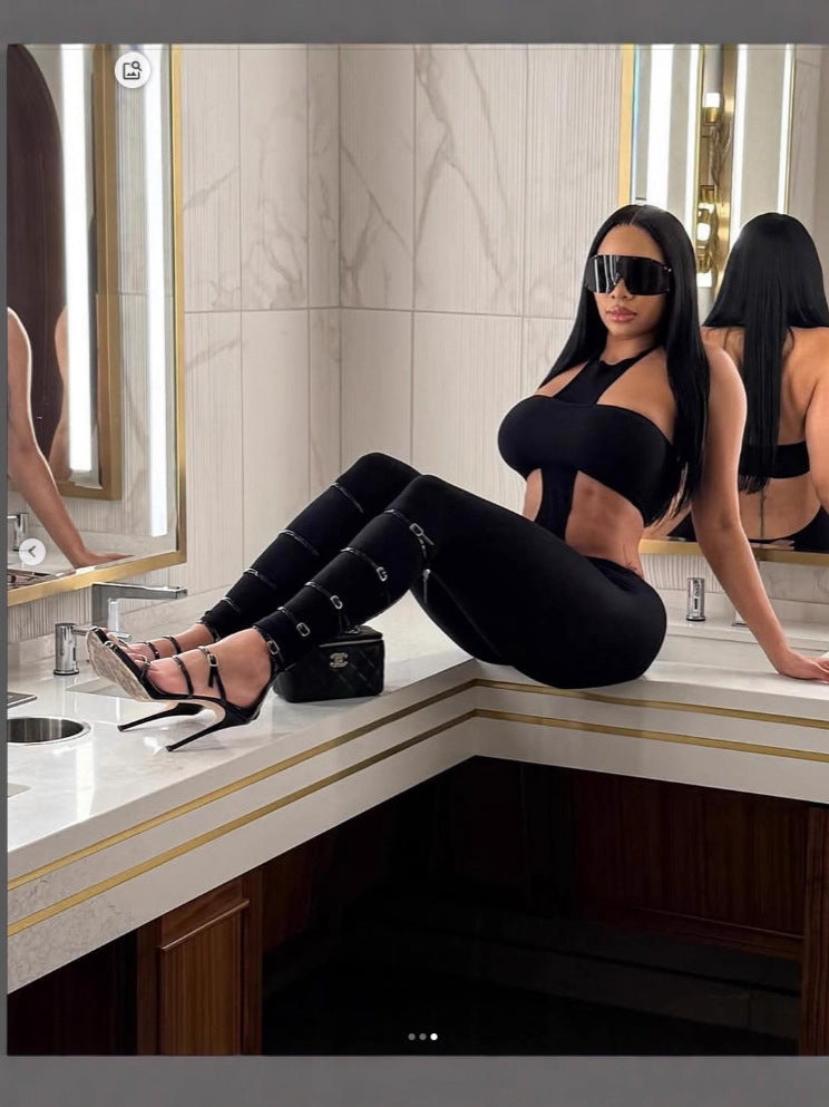 NiiHAi Cutout Halter Crop Top High Waist Leggings 2 Piece Set Women