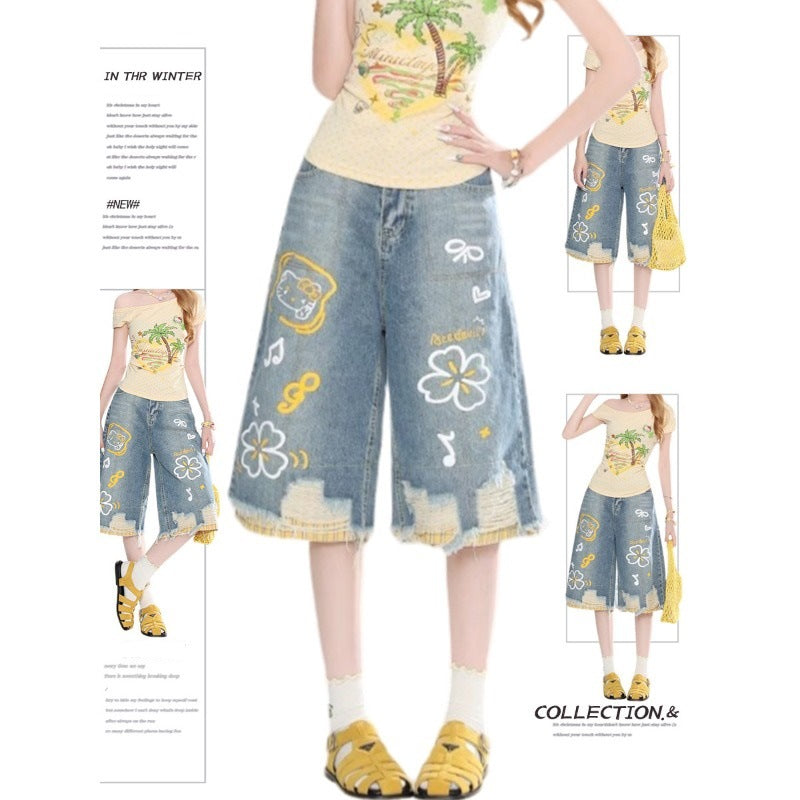 Cartoon Graffiti Distressed Capri Denim Frayed Plaid Wide Leg Shorts