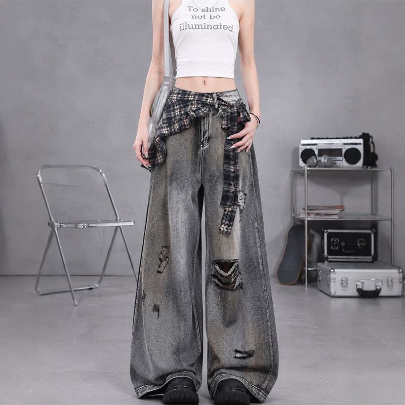 Vintage Distressed Ripped Wide Leg Jeans with Plaid Skirt Overlay