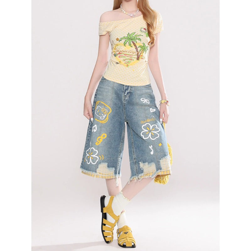 Cartoon Graffiti Distressed Capri Denim Frayed Plaid Wide Leg Shorts