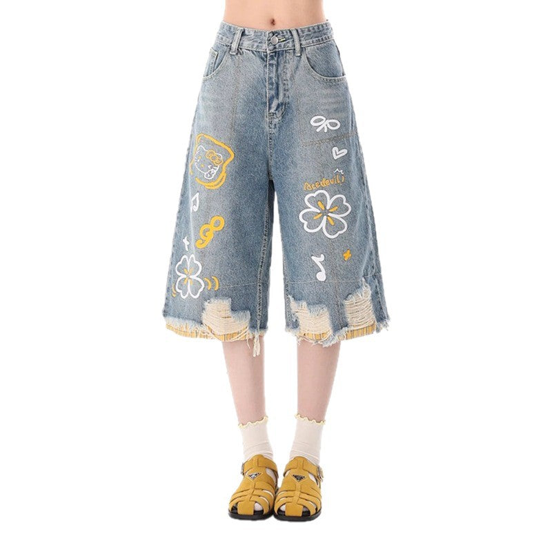 Cartoon Graffiti Distressed Capri Denim Frayed Plaid Wide Leg Shorts