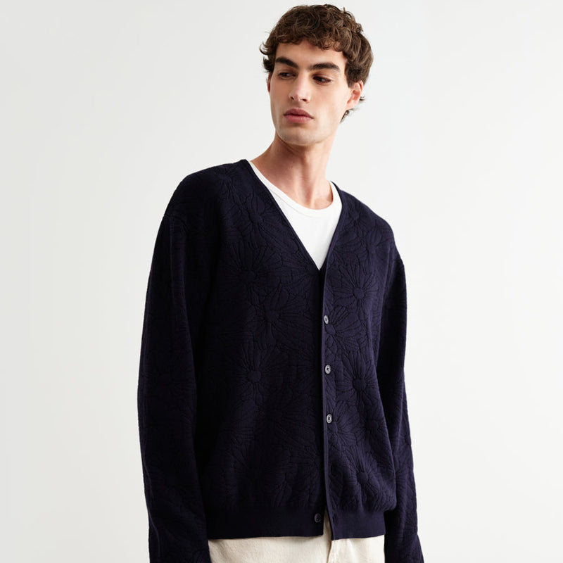 Wax London Alban Cardigan Flower Jacquard: Navy / Black