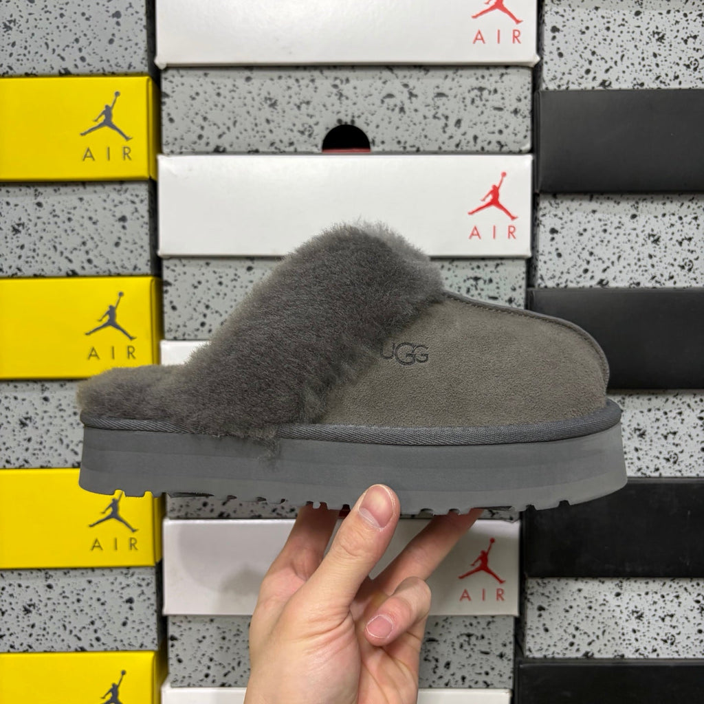UGG Tazz Platform Slipper – Women's Sherpa-Cuff Suede Mule in Grey