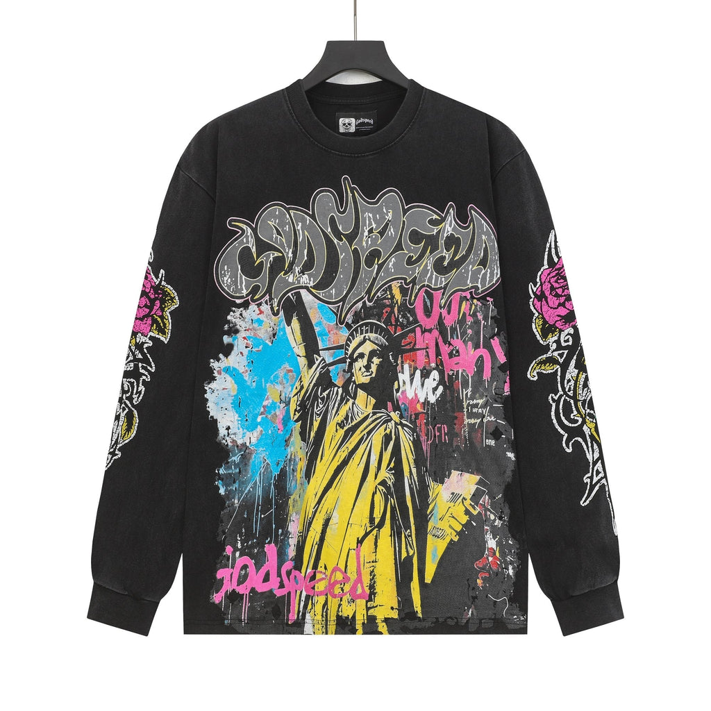 Godspeed Washed Black Graphic Long-Sleeve T-Shirt