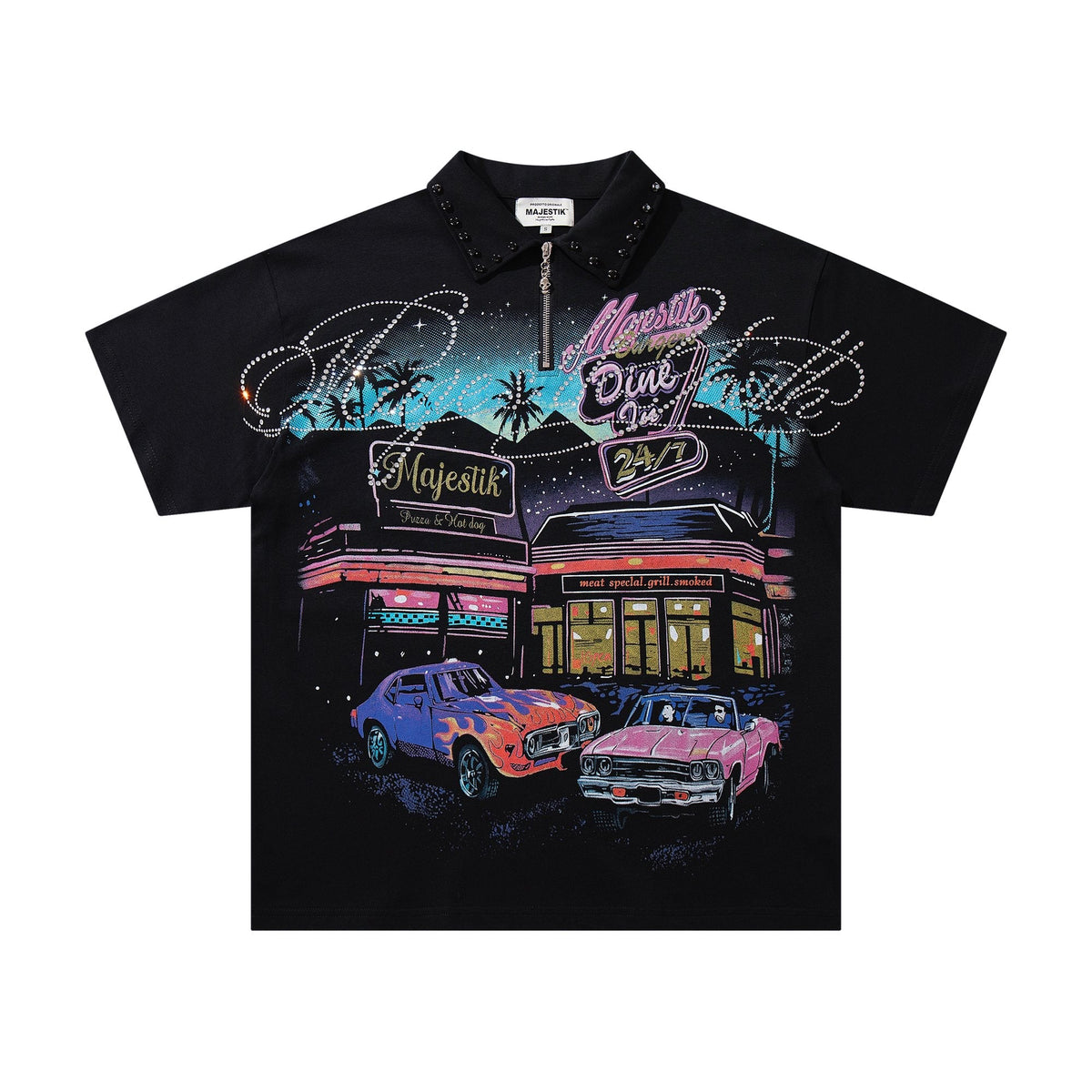 MAJESTIK Rhinestone Graphic Zip Polo Shirt
