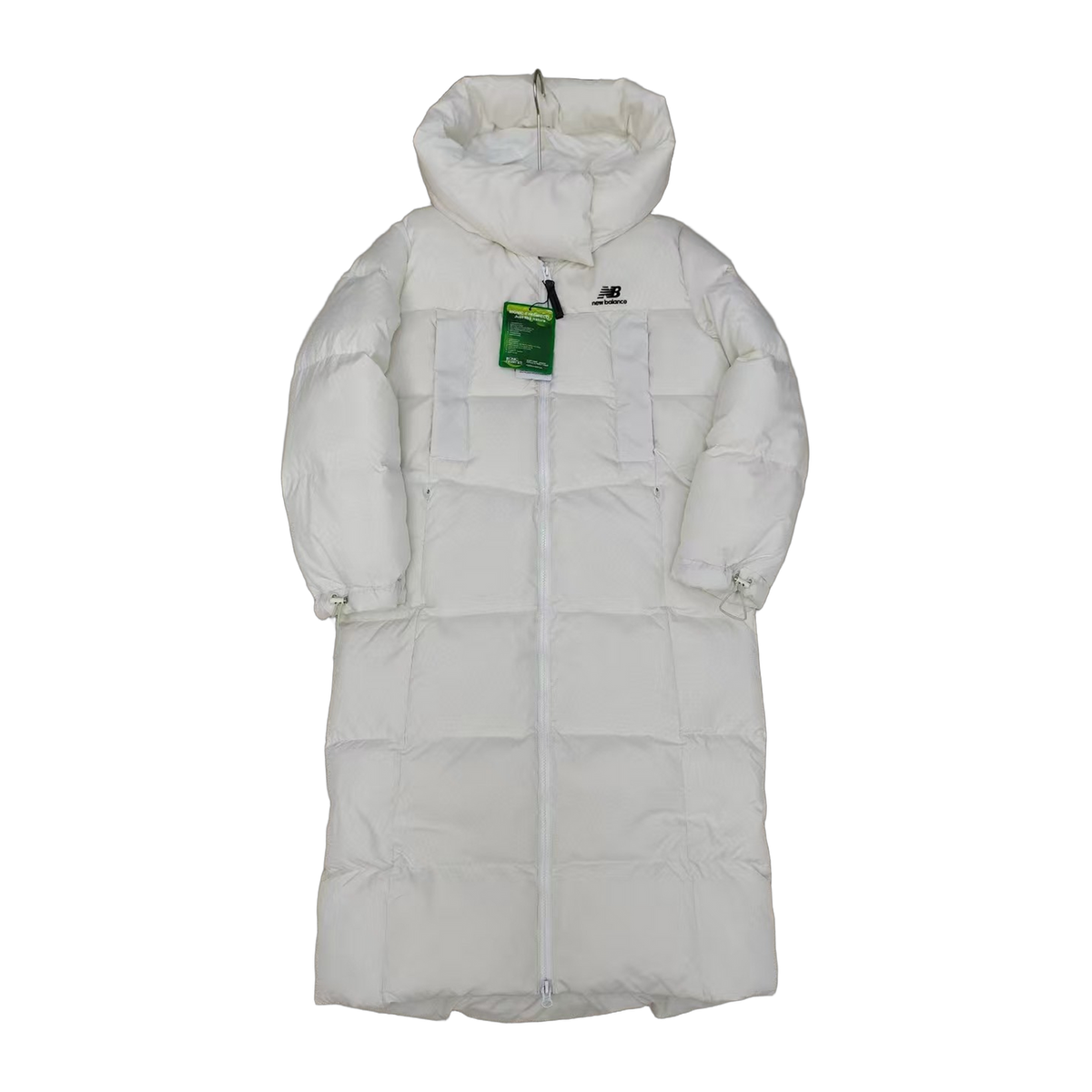 New Balance Hooded Long Puffer Coat – Off White | Full-Length Athletic Winter Coat