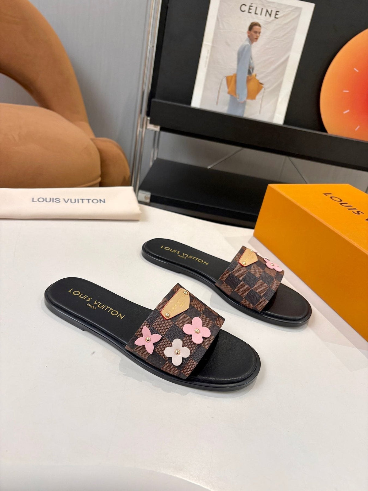 Louis Vuitton Floral Checkered Slide Sandals