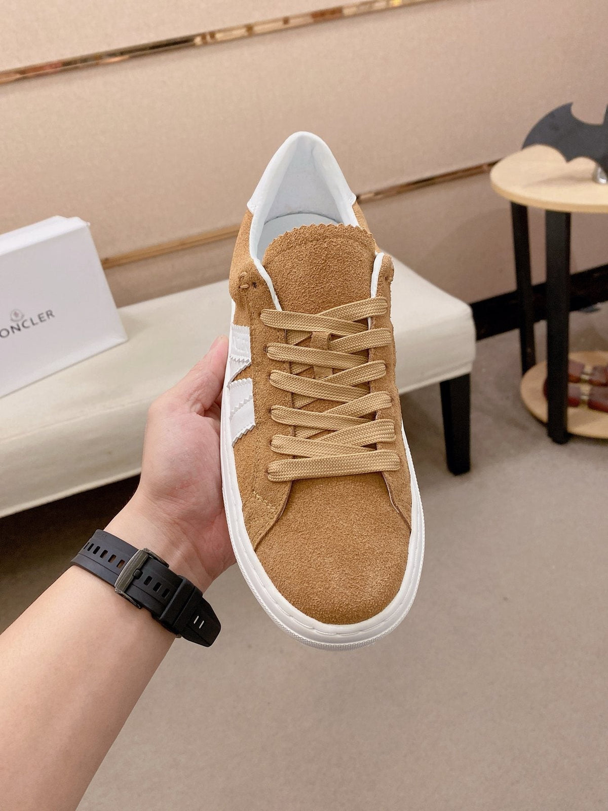 MONCLER Tan and White Stripe Sneakers