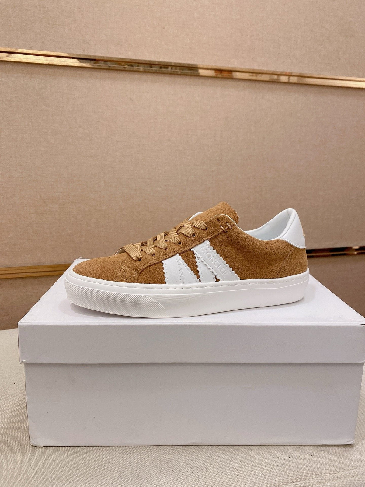 MONCLER Tan and White Stripe Sneakers