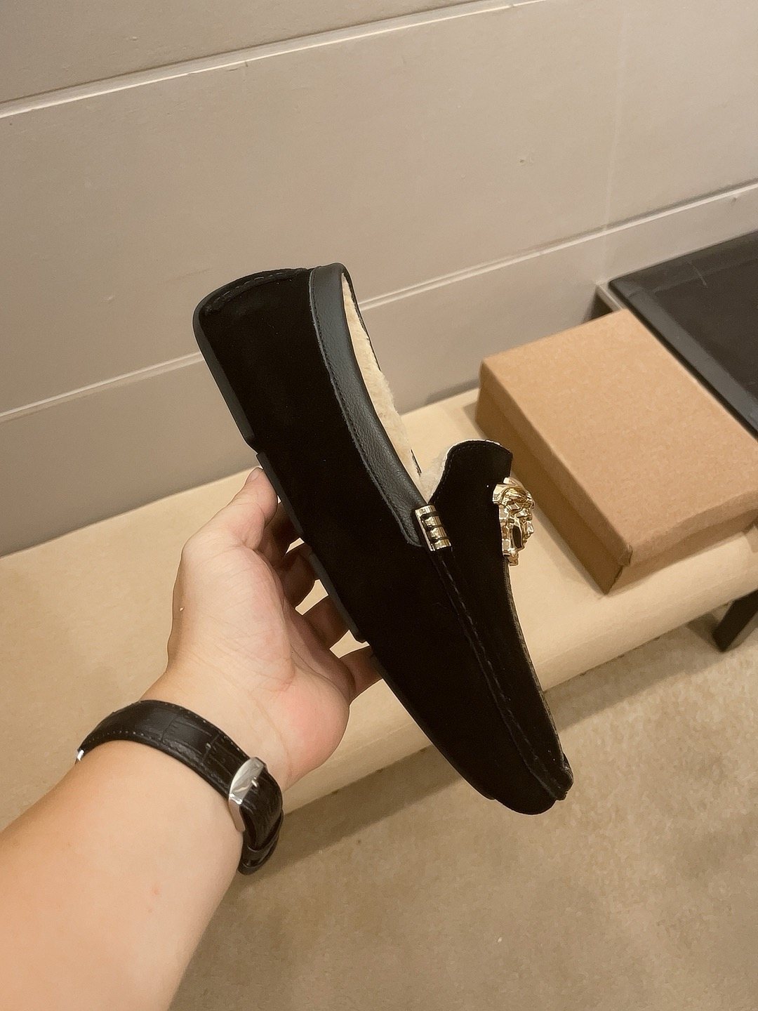 Versace Men's Black Gold-Detail Slip-On Shoes