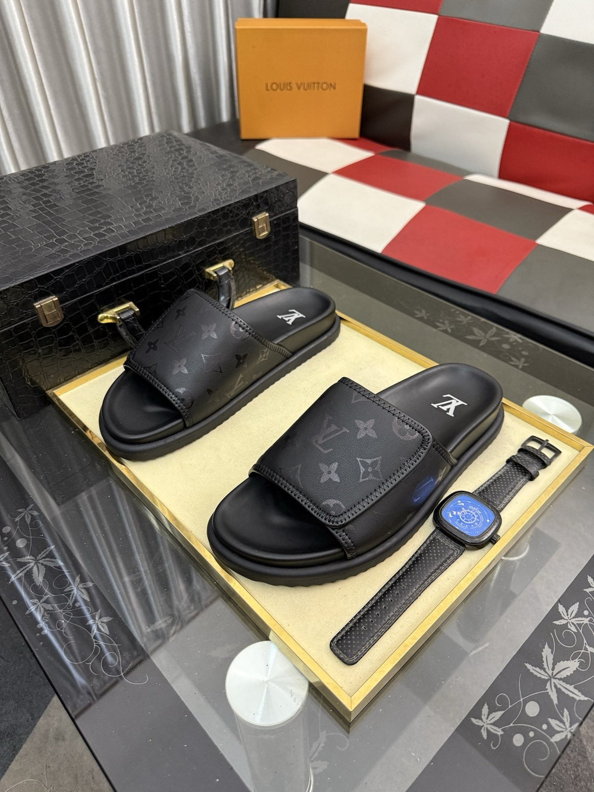 Louis Vuitton Black Monogram Slide Sandals - Wide Monogram-Pattern Strap
