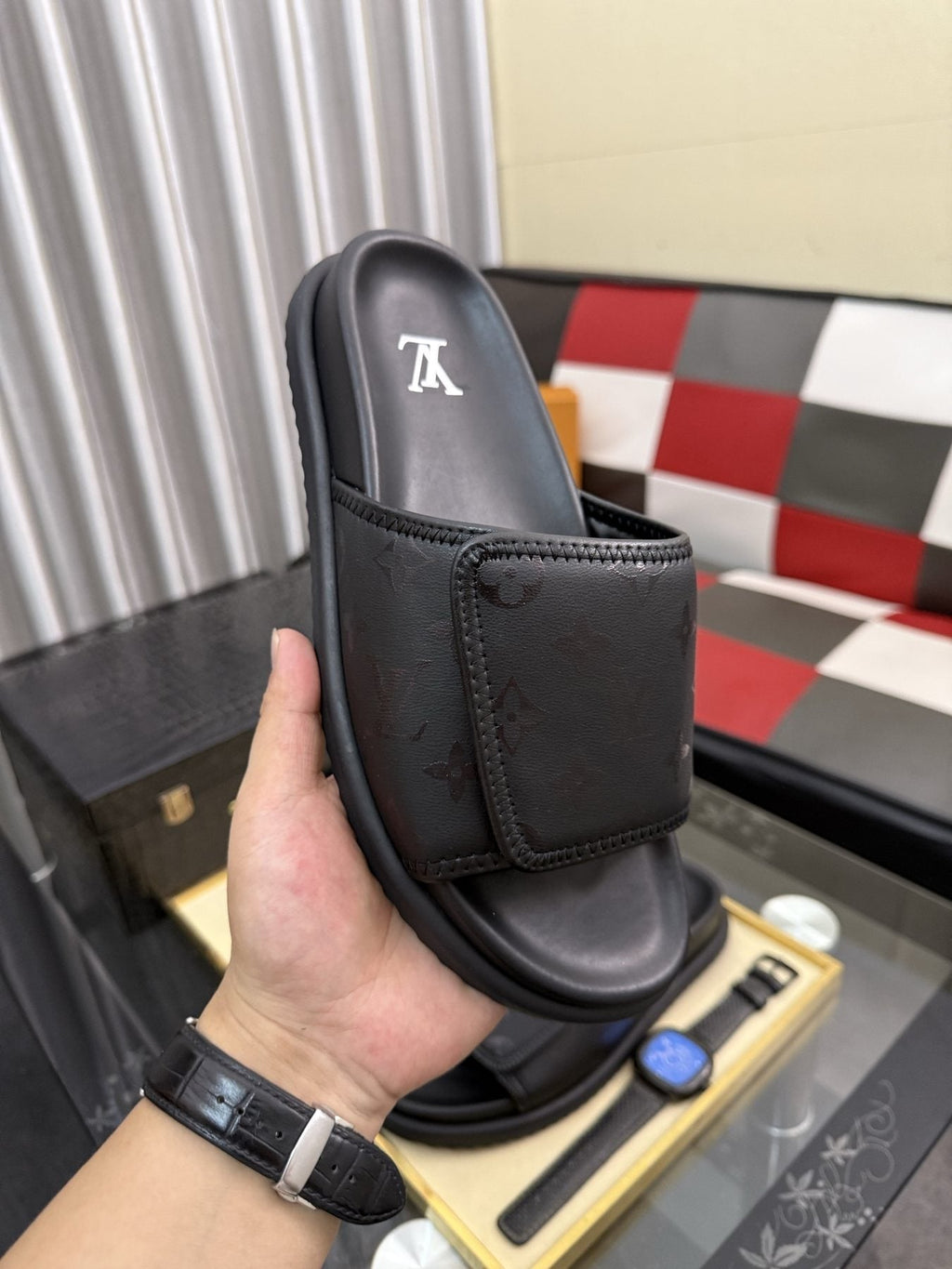 Louis Vuitton Black Monogram Slide Sandals - Wide Monogram-Pattern Strap