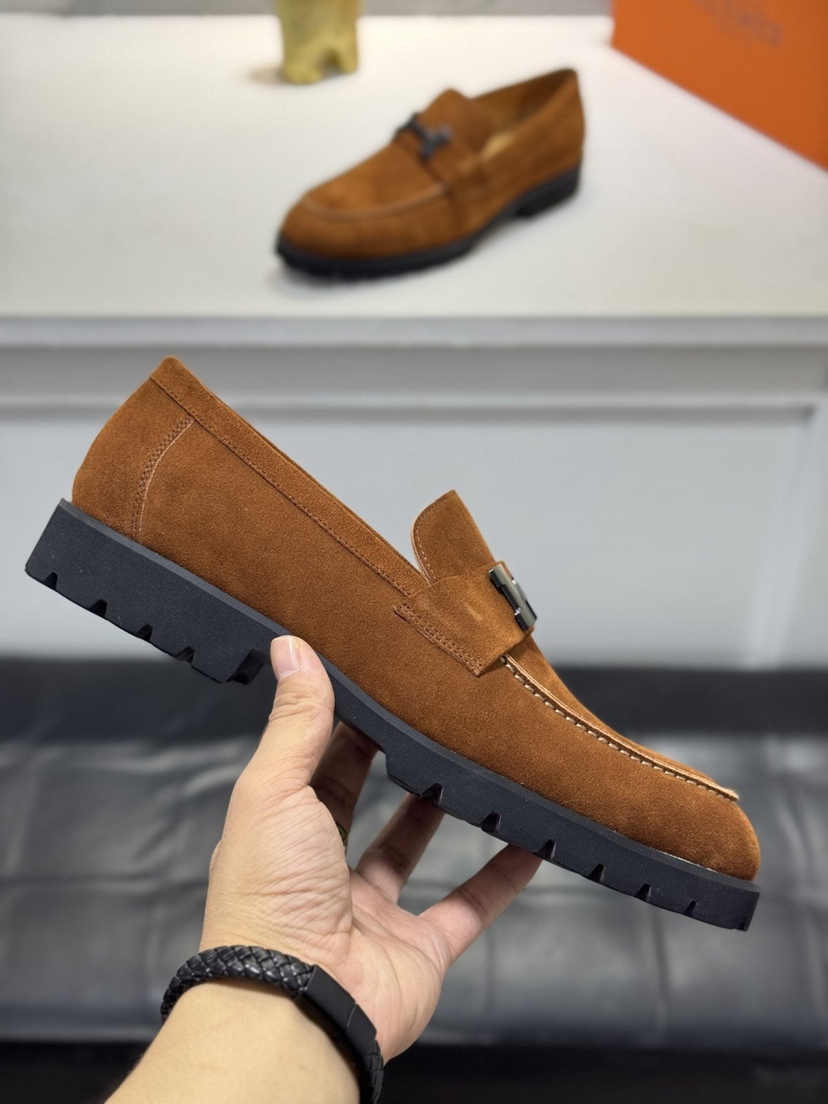 Hermès Men's Brown Leather Lug-Sole Loafers