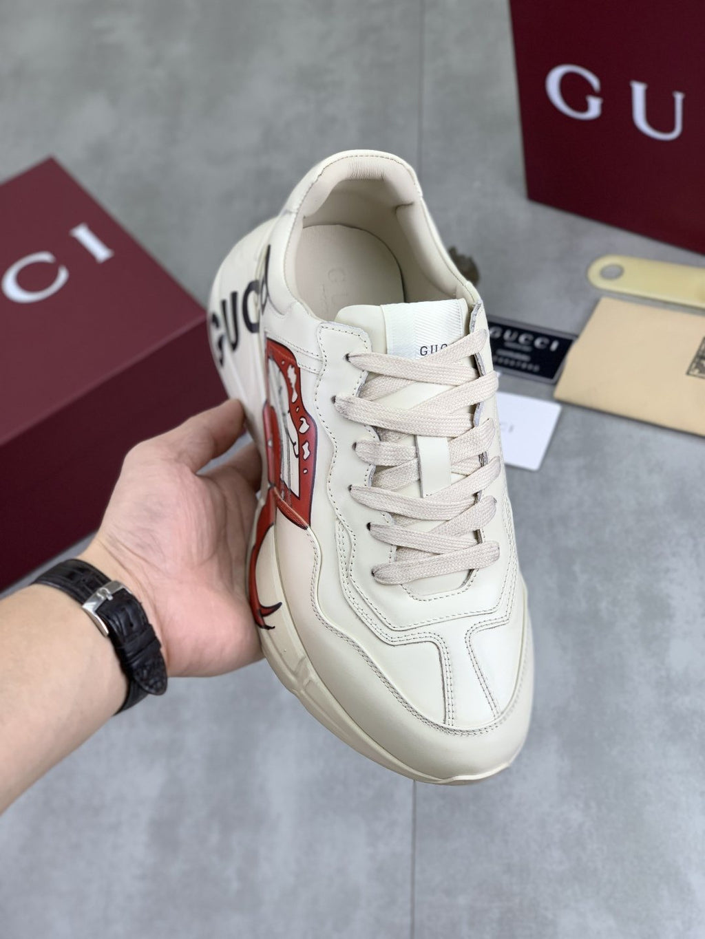 Gucci Cream White Graphic Chunky Sneakers