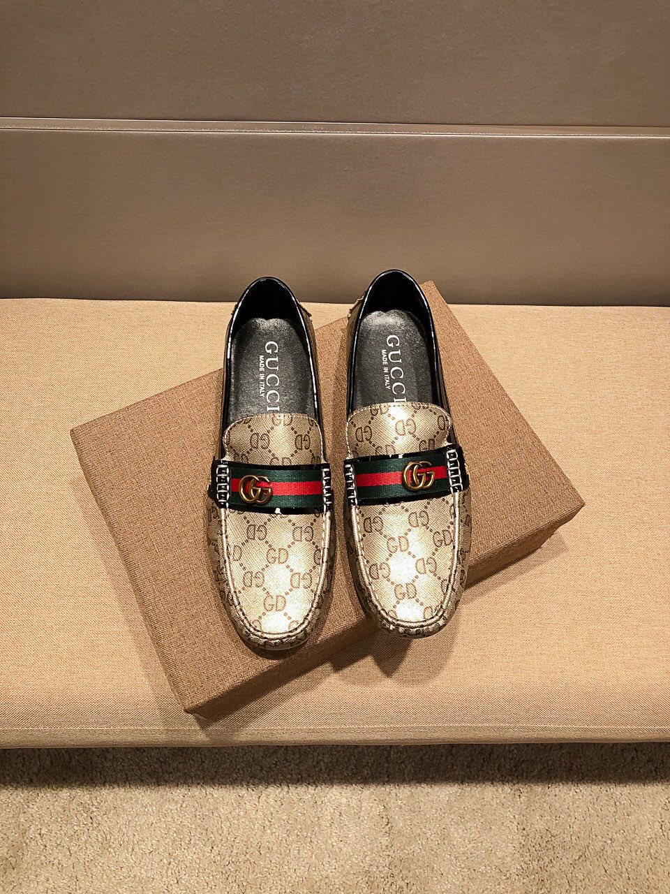 Gucci Men's Beige Web Loafers