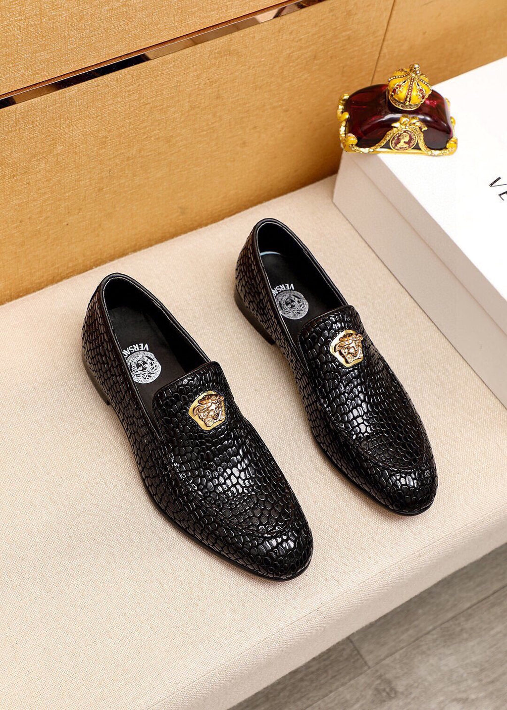 Versace Black Textured Slip-On Shoes