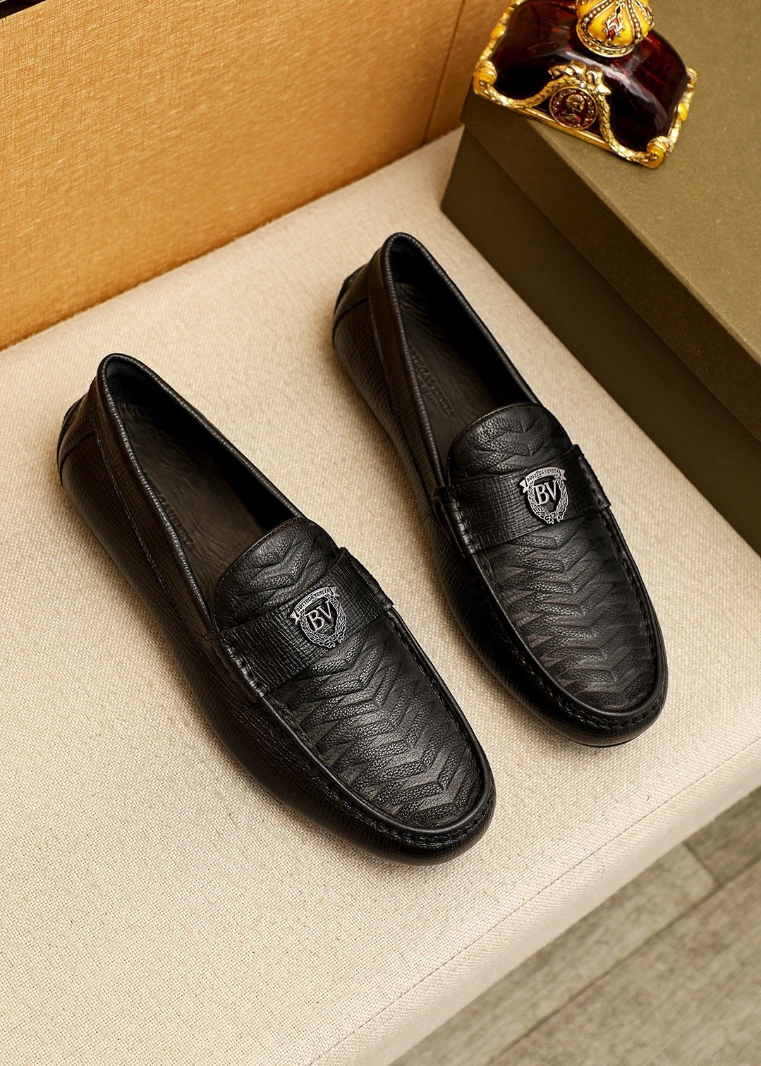 Bottega Veneta Men's Black Textured Slip-On Loafers