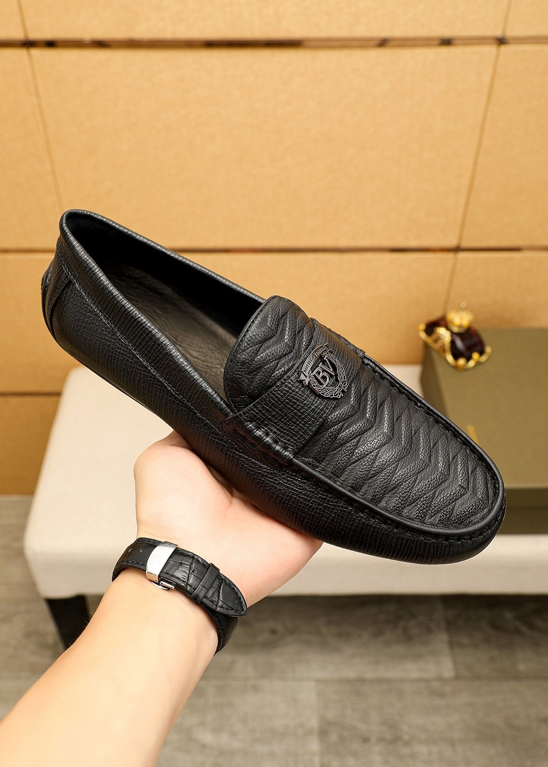 Bottega Veneta Men's Black Textured Slip-On Loafers