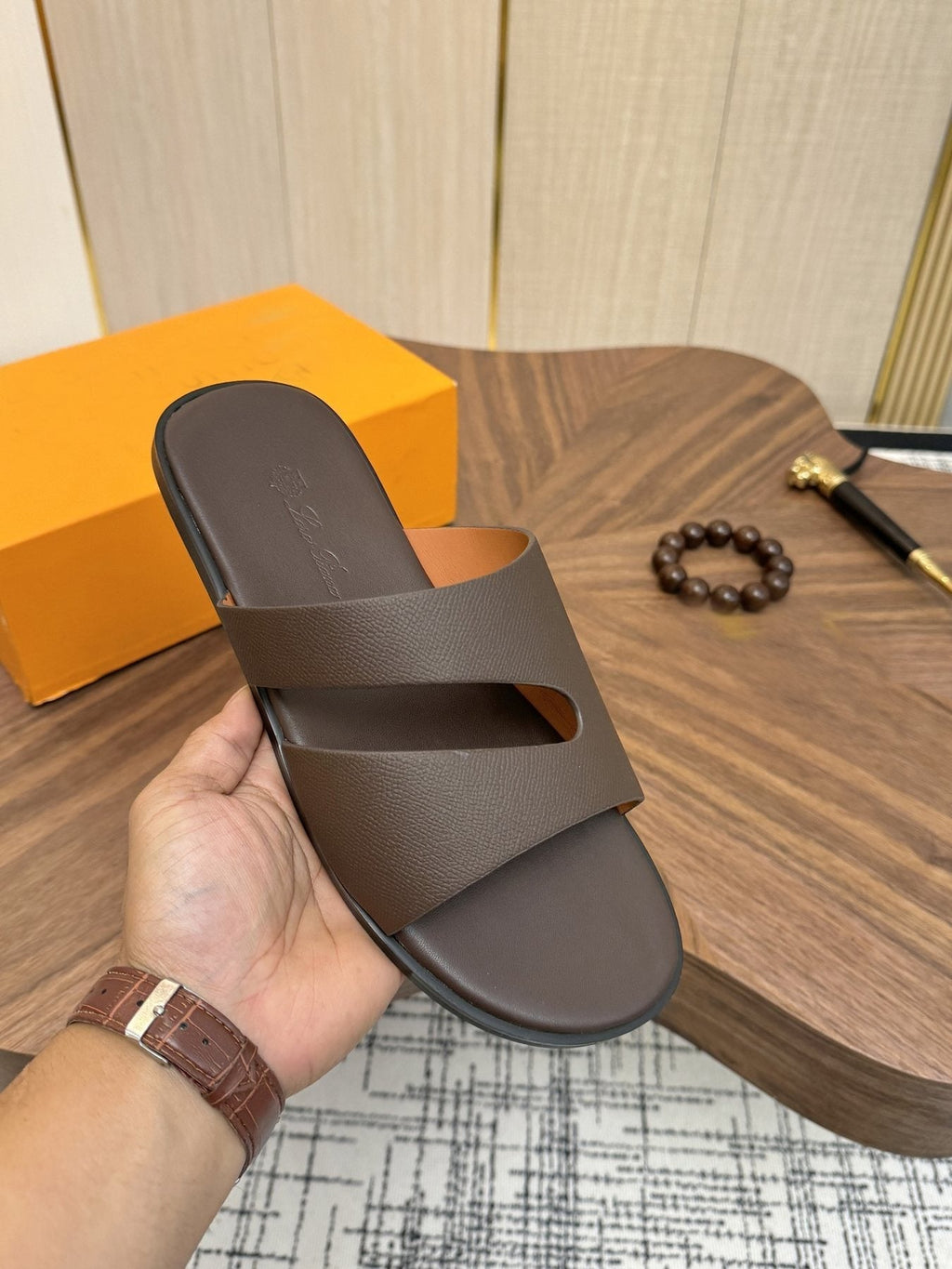 Loro Piana Men's Dark Brown Leather Slide Sandals