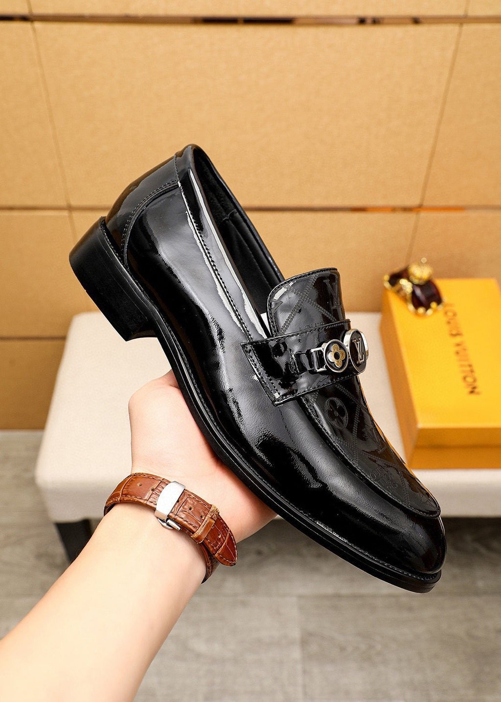 Louis Vuitton Black Embossed Buckle Slip-On Shoes