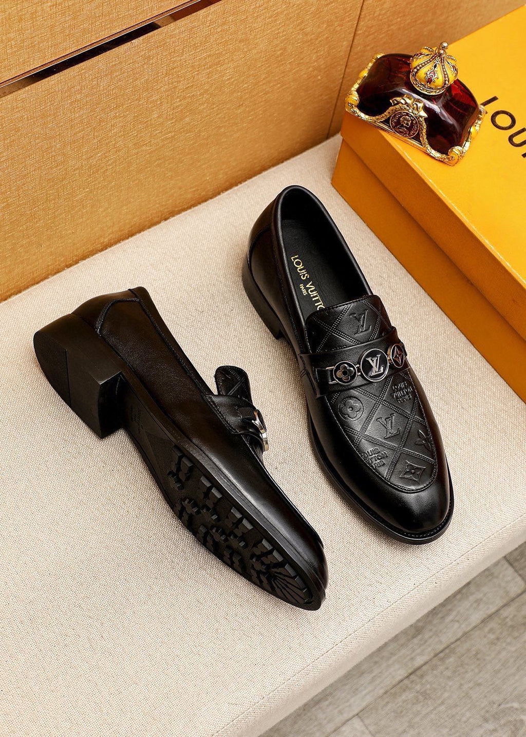 Louis Vuitton Black Embossed Buckle Slip-On Shoes