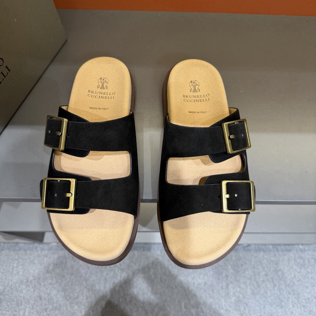 Brunello Cucinelli Men's Double-Buckle Slide Sandals - Textured Upper Straps