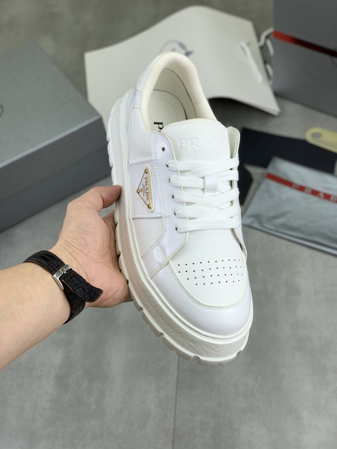 Prada Paneled Lug-Sole Low-Top Sneakers