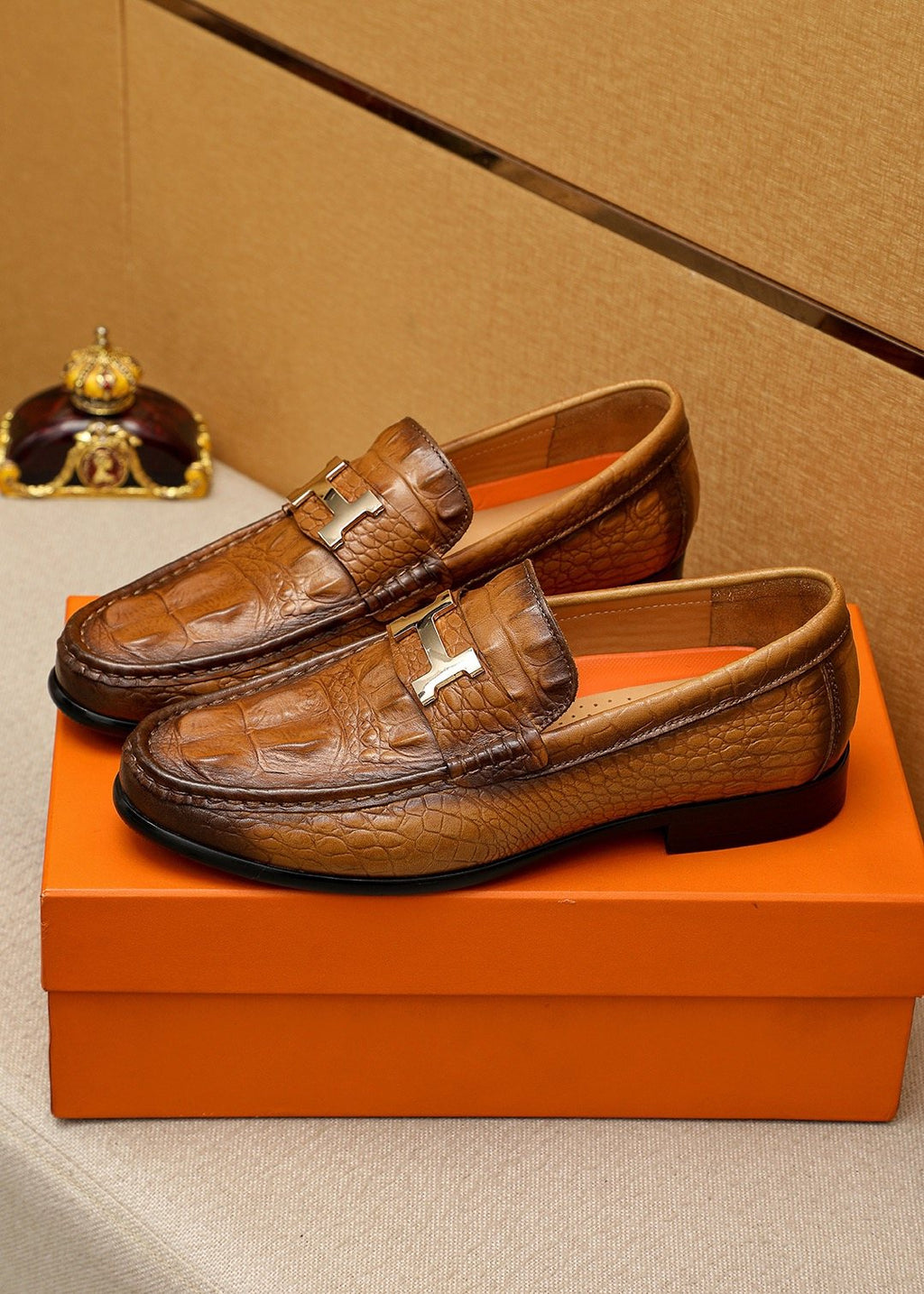 Hermès Crocodile-Embossed H-Hardware Loafers
