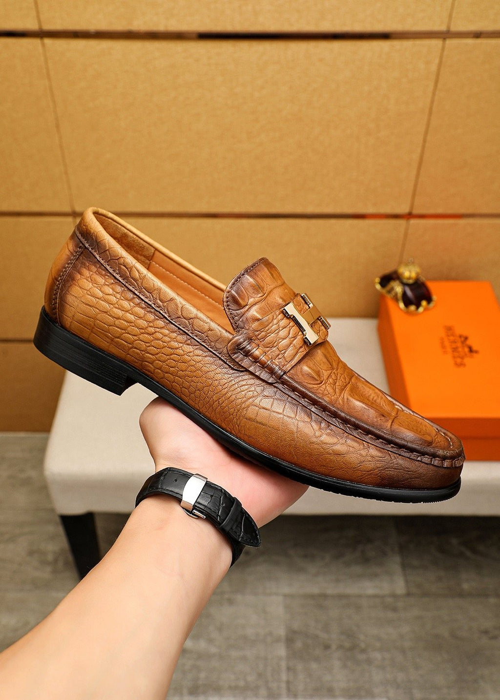 Hermès Crocodile-Embossed H-Hardware Loafers
