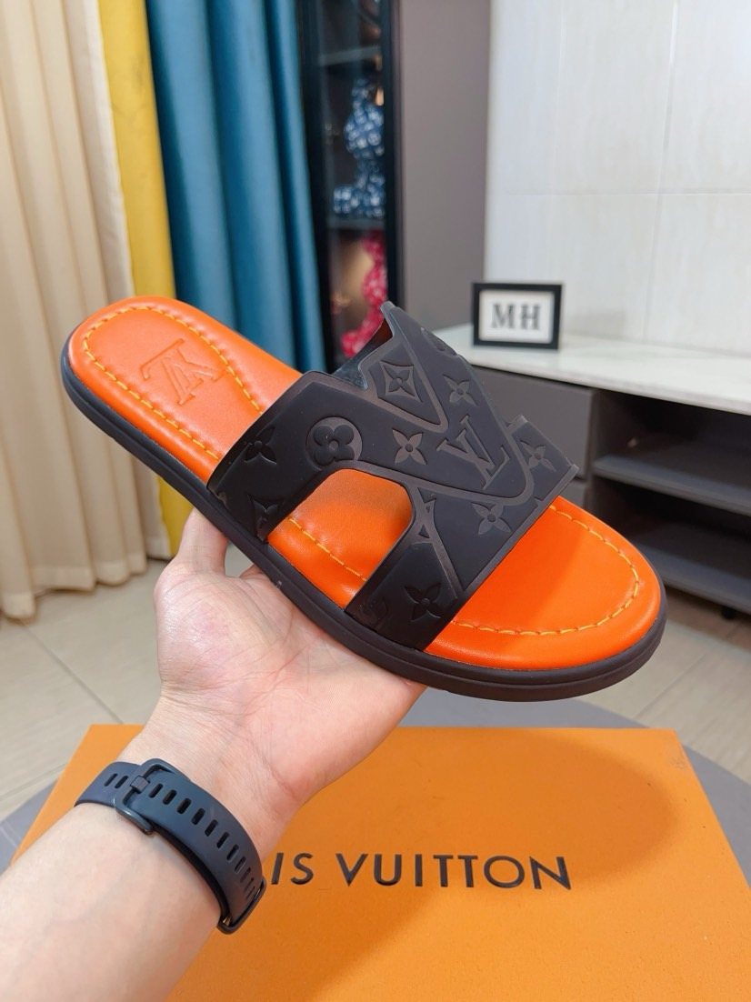 Louis Vuitton Men's Embossed Strap Slide Sandals - Open-Toe Slip-On Design